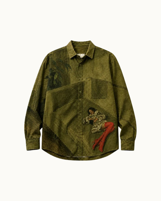 An olive green long-sleeve button-up shirt with a collage-style graphic print and a red-and-beige illustrated figure on the lower front, displayed against a plain off-white background.