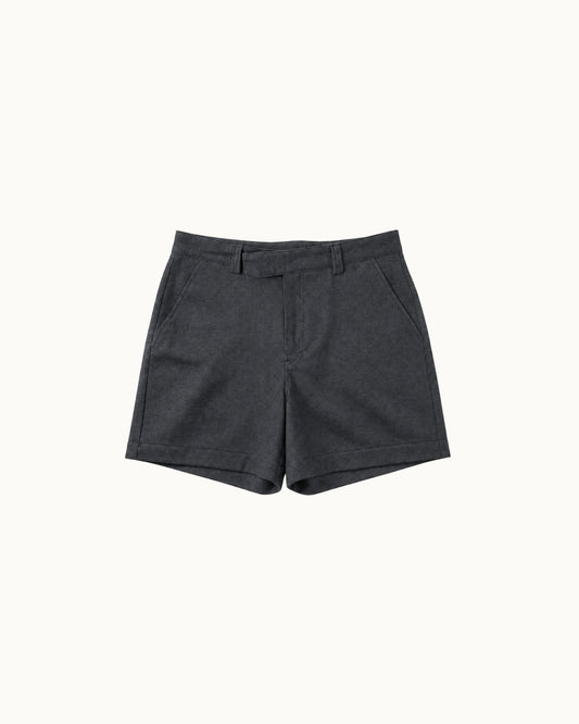 A pair of dark charcoal gray tailored shorts with a flat front, displayed flat against a solid off-white background.