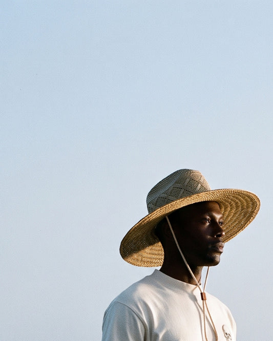 A man in profile wearing a wide-brimmed straw hat with a woven pattern and a white t-shirt, set against a clear light blue sky.