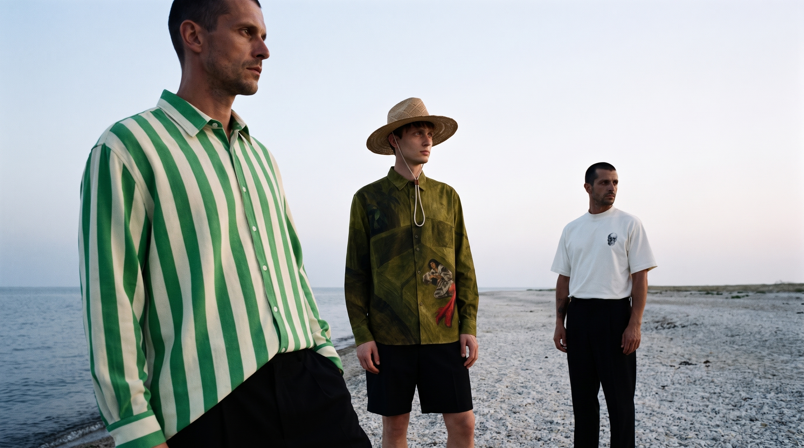 Three men wearing a striped shirt, printed green shirt and white T-shirt on a rocky shoreline at dusk.